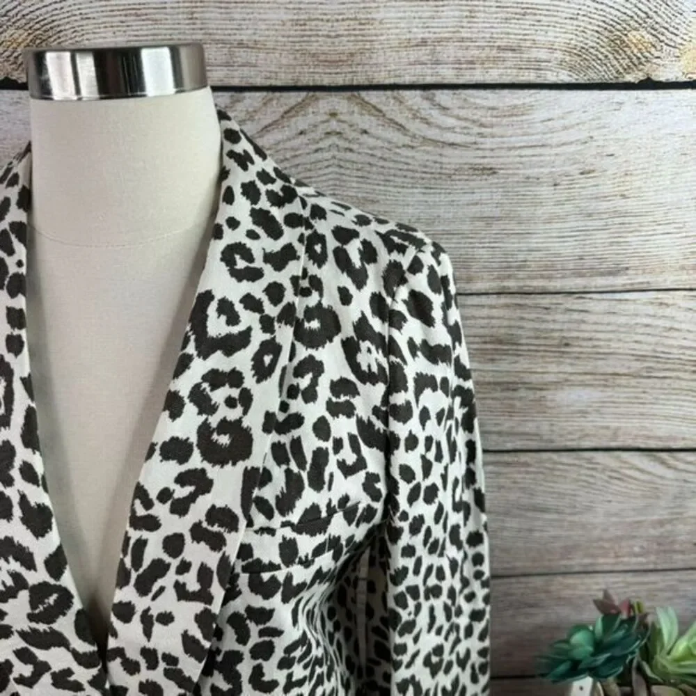 J Crew Women's Size 2 Brown Linen Leopard Print‎ Mid-Length Summer Blazer - Picture 3 of 9